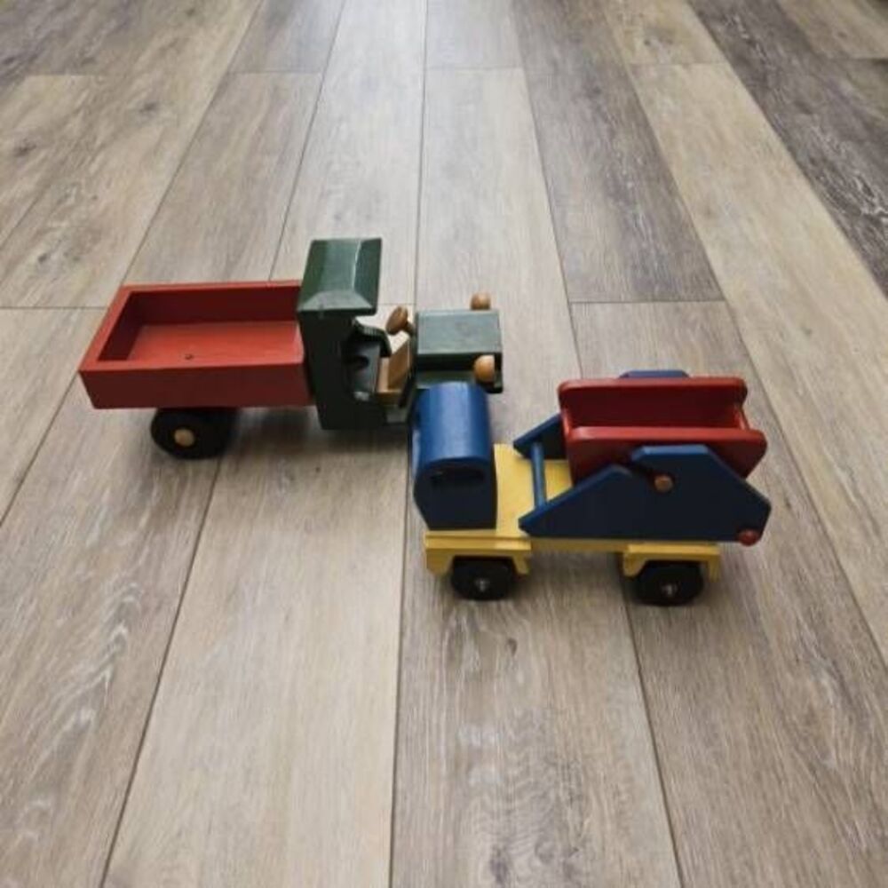 2 vintage Romania toy wooden trucks colorful, moving parts collectible